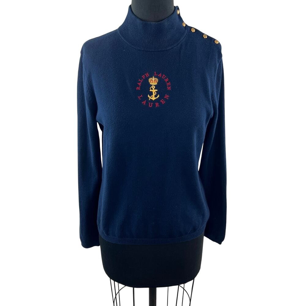 VINTAGE Lauren Ralph Lauren Navy Sweater Nautical Anchor Crown Size Medium M